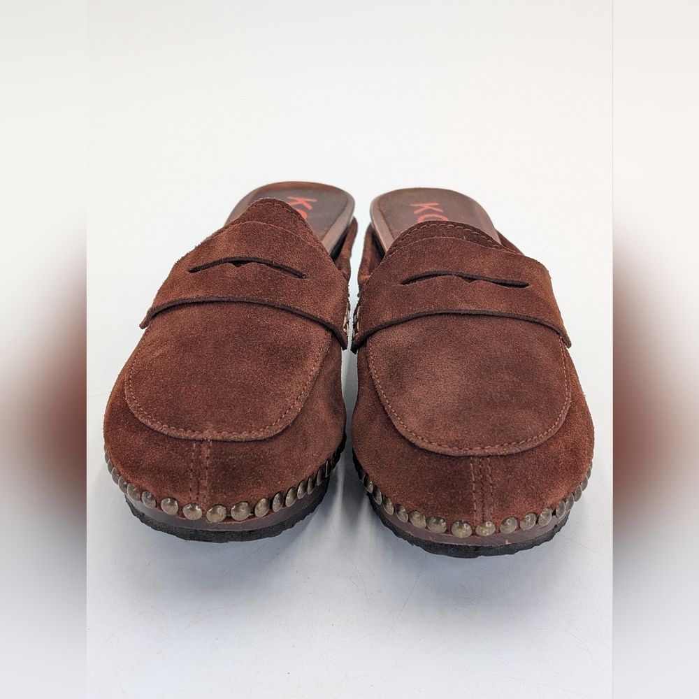 Michael Kors Women Sz 8 Studded Italian-Made Brown Suede Leather Clog Wood-Soles - Picture 13 of 17